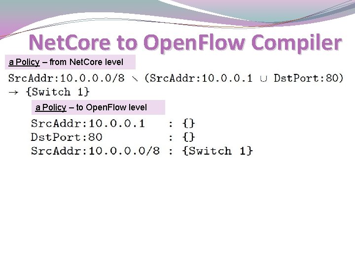 Net. Core to Open. Flow Compiler a Policy – from Net. Core level a