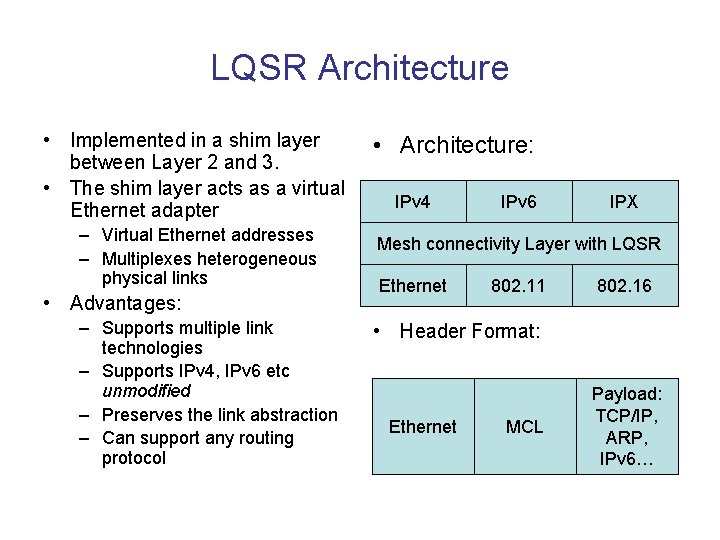 LQSR Architecture • Implemented in a shim layer between Layer 2 and 3. •