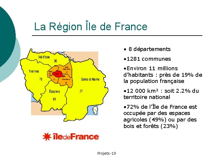 La Région Île de France • 8 départements • 1281 communes • Environ 11