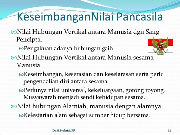 Keseimbangan. Nilai Pancasila Nilai Hubungan Vertikal antara Manusia dgn Sang Pencipta. Pengakuan adanya hubungan