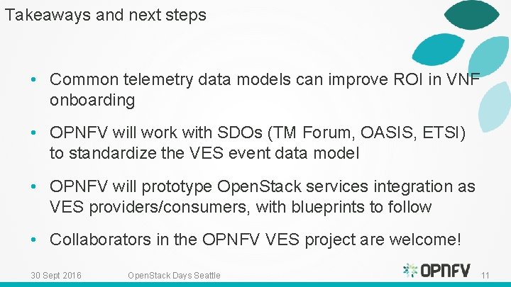 Takeaways and next steps • Common telemetry data models can improve ROI in VNF