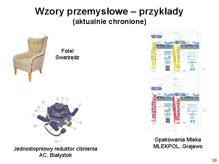 Wzory przemysłowe – przykłady (aktualnie chronione) Fotel Swarzędz Jednostopniowy reduktor ciśnienia AC, Białystok Opakowania