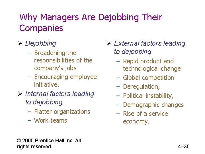 Why Managers Are Dejobbing Their Companies Ø Dejobbing – Broadening the responsibilities of the