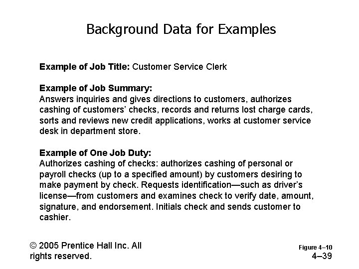 Background Data for Examples Example of Job Title: Customer Service Clerk Example of Job