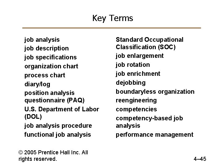 Key Terms job analysis job description job specifications organization chart process chart diary/log position