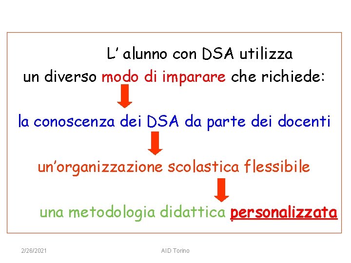 L’ alunno con DSA utilizza un diverso modo di imparare che richiede: la conoscenza