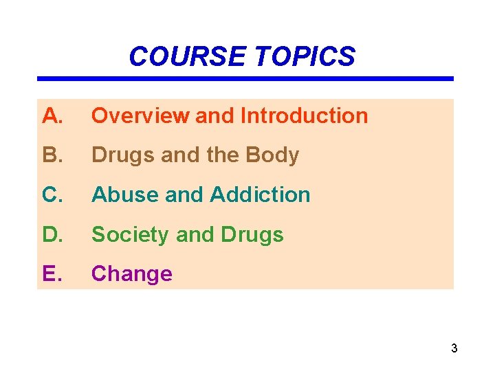 COURSE TOPICS A. Overview and Introduction B. Drugs and the Body C. Abuse and