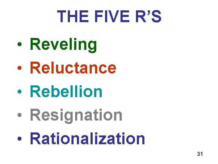 THE FIVE R’S • • • Reveling Reluctance Rebellion Resignation Rationalization 31 