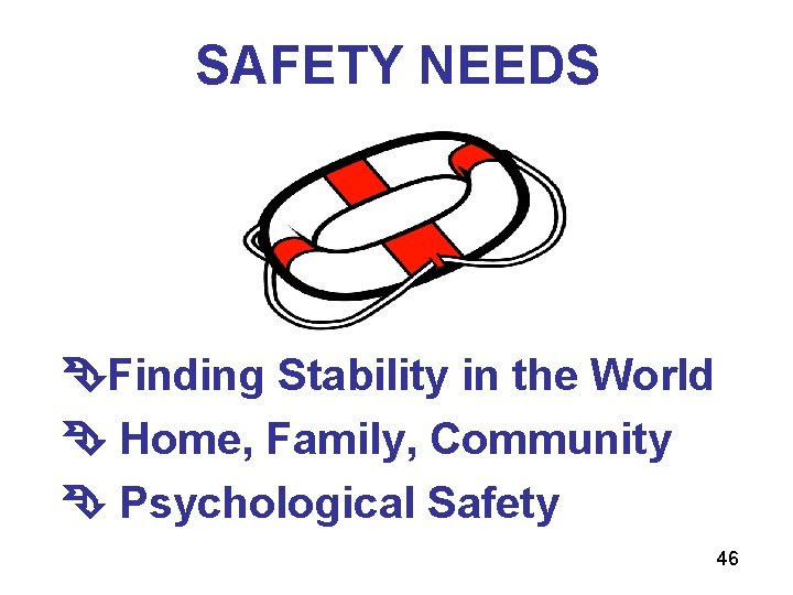 SAFETY NEEDS Finding Stability in the World Home, Family, Community Psychological Safety 46 