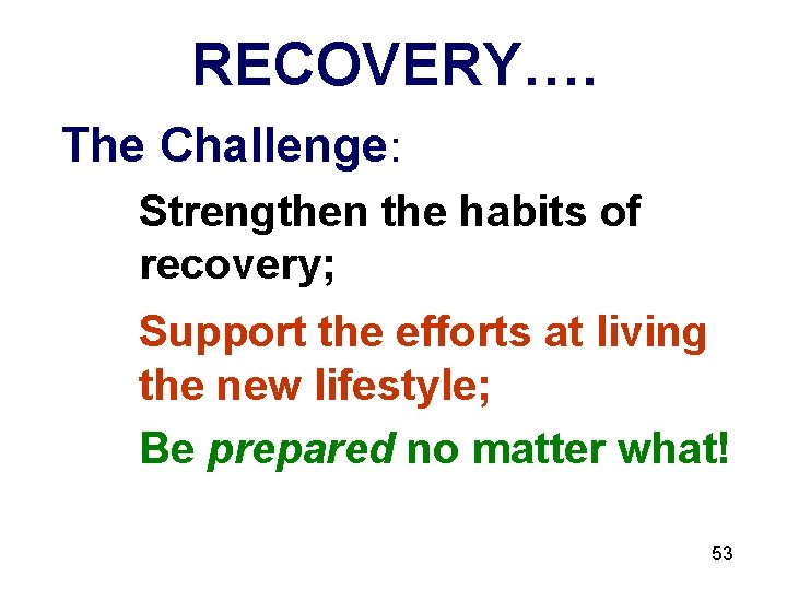 RECOVERY…. The Challenge: Strengthen the habits of recovery; Support the efforts at living the