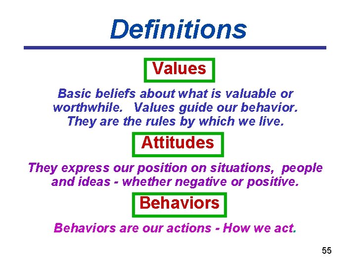 Definitions Values Basic beliefs about what is valuable or worthwhile. Values guide our behavior.