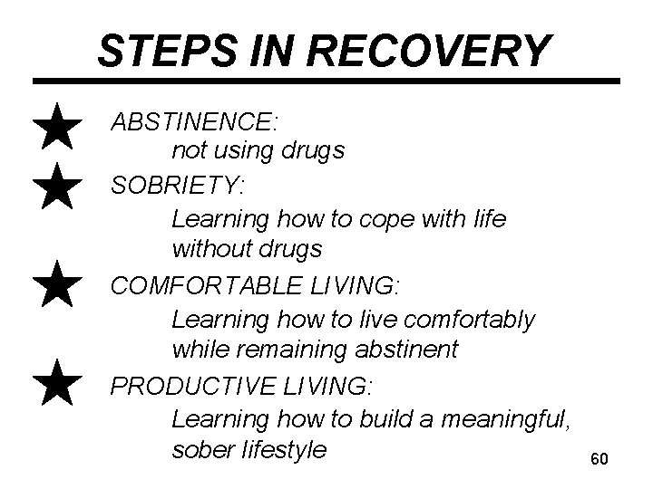 STEPS IN RECOVERY ABSTINENCE: not using drugs SOBRIETY: Learning how to cope with life