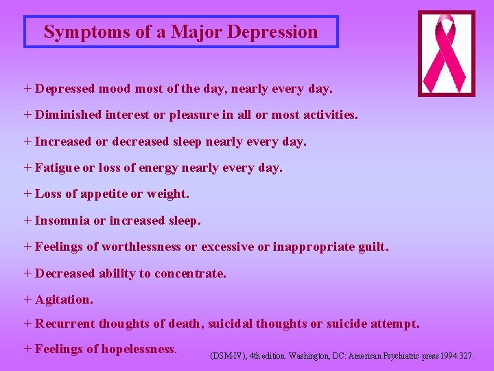 Symptoms of a Major Depression + Depressed mood most of the day, nearly every