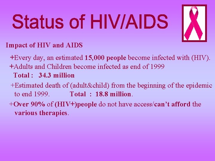 Impact of HIV and AIDS +Every day, an estimated 15, 000 people become infected