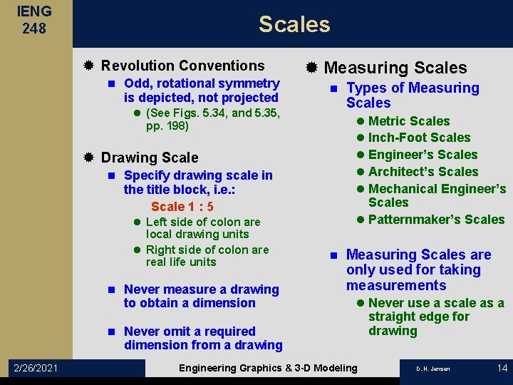 IENG 248 Scales ® Revolution Conventions n Odd, rotational symmetry is depicted, not projected