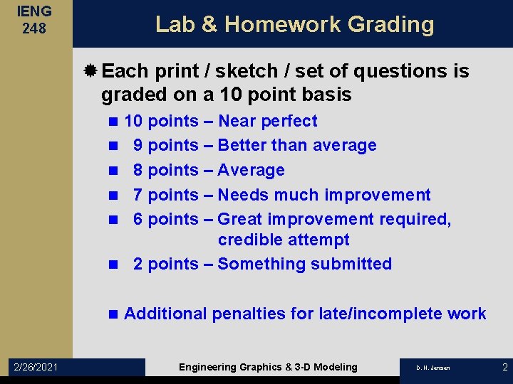 IENG 248 Lab & Homework Grading ® Each print / sketch / set of