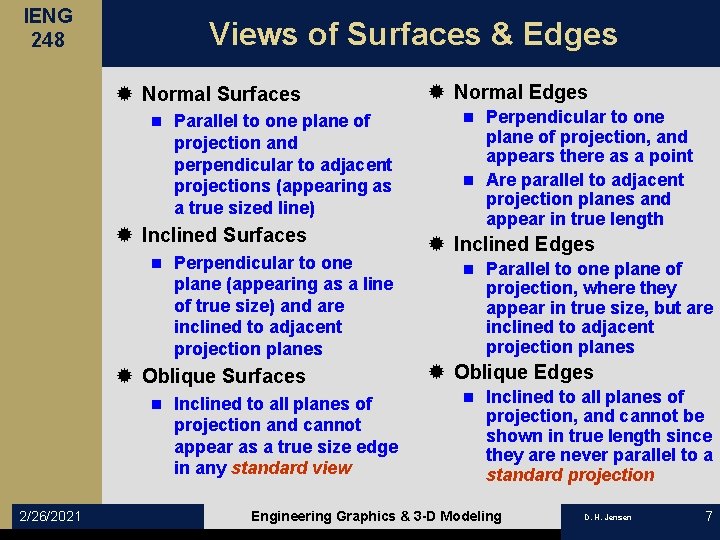 IENG 248 Views of Surfaces & Edges ® Normal Surfaces n Parallel to one
