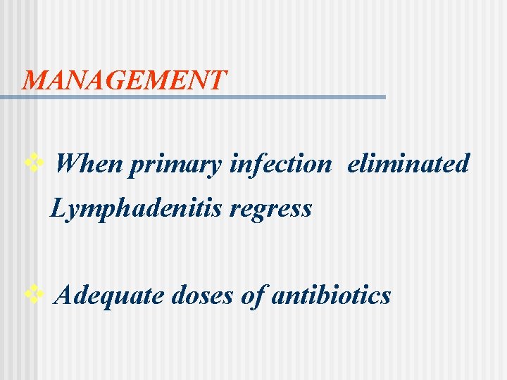 MANAGEMENT v When primary infection eliminated Lymphadenitis regress v Adequate doses of antibiotics 