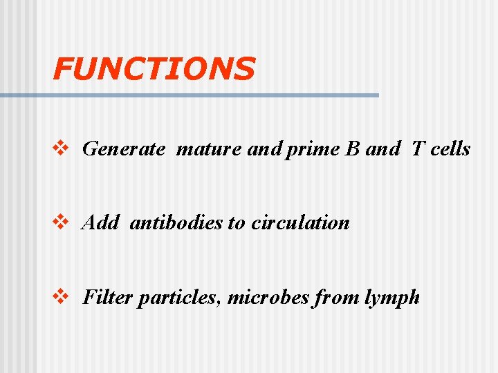 FUNCTIONS v Generate mature and prime B and T cells v Add antibodies to