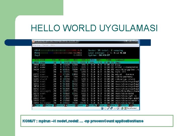 HELLO WORLD UYGULAMASI KOMUT : mpirun –H node 1, node 2 … -np process.