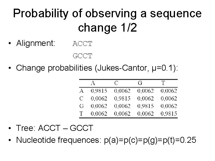 Probability of observing a sequence change 1/2 • Alignment: ACCT GCCT • Change probabilities