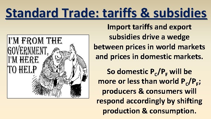 Standard Trade: tariffs & subsidies Import tariffs and export subsidies drive a wedge between