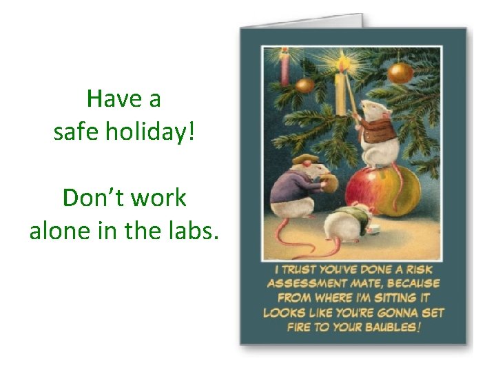 Have a safe holiday! Don’t work alone in the labs. 