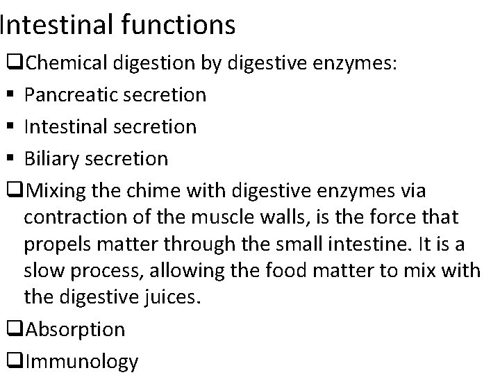 Intestinal functions q. Chemical digestion by digestive enzymes: § Pancreatic secretion § Intestinal secretion