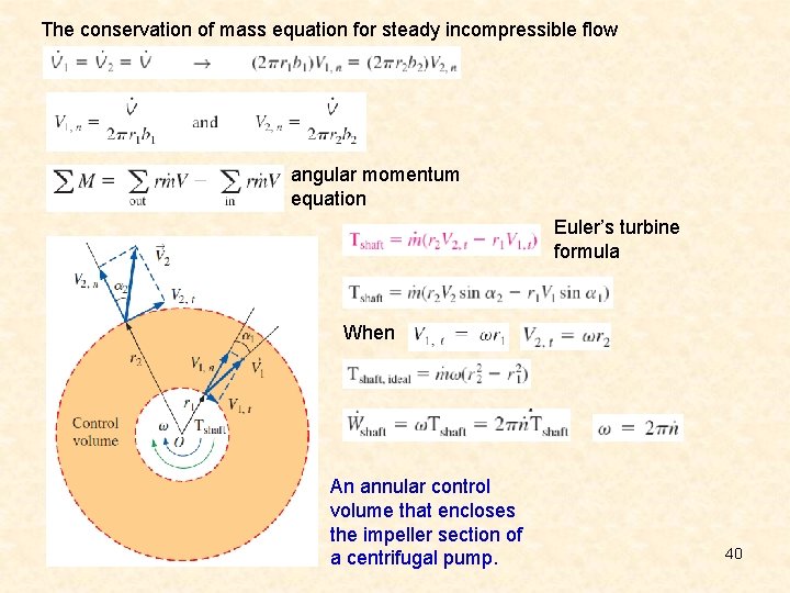 The conservation of mass equation for steady incompressible flow angular momentum equation Euler’s turbine