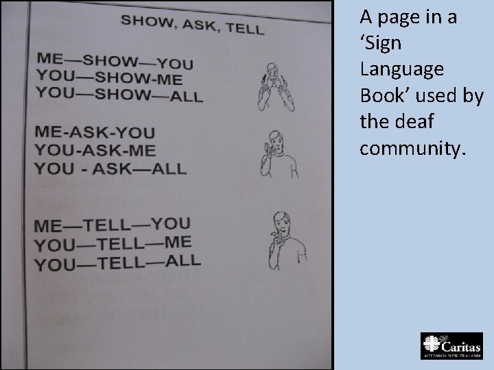 A page in a ‘Sign Language Book’ used by the deaf community. 