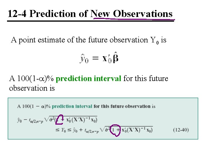 12 -4 Prediction of New Observations A point estimate of the future observation Y