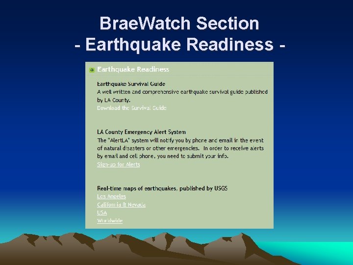 Brae. Watch Section - Earthquake Readiness - 