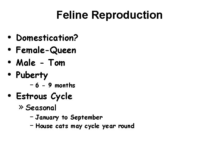 Feline Reproduction • • • Domestication? Female-Queen Male - Tom Puberty – 6 -