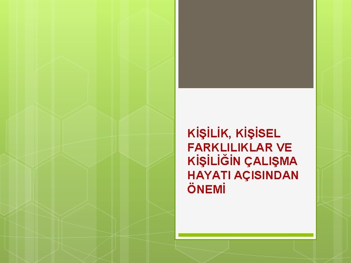 KİŞİLİK, KİŞİSEL FARKLILIKLAR VE KİŞİLİĞİN ÇALIŞMA HAYATI AÇISINDAN ÖNEMİ 