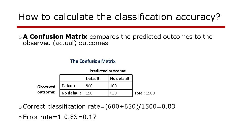 How to calculate the classification accuracy? o A Confusion Matrix compares the predicted outcomes