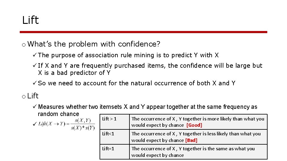 Lift o What’s the problem with confidence? ü The purpose of association rule mining