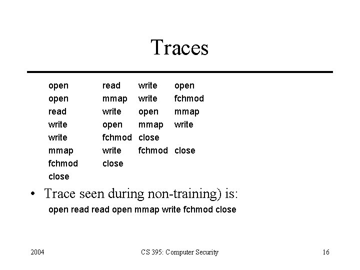 Traces open read write mmap fchmod close read mmap write open fchmod write close