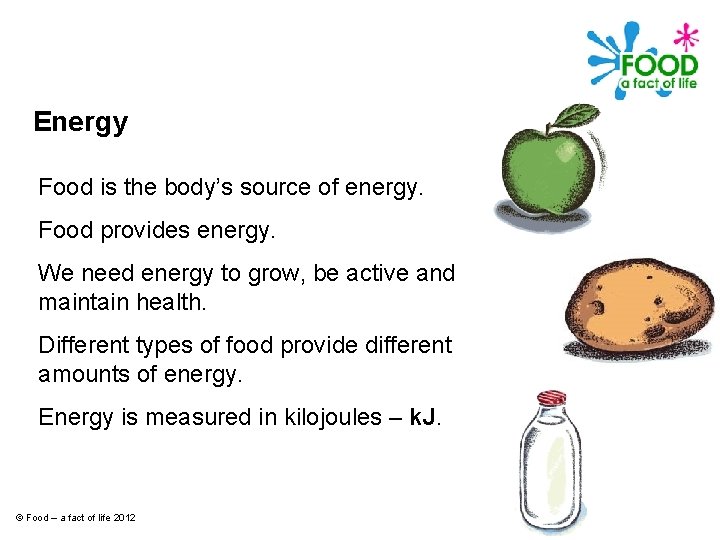 Energy Food is the body’s source of energy. Food provides energy. We need energy
