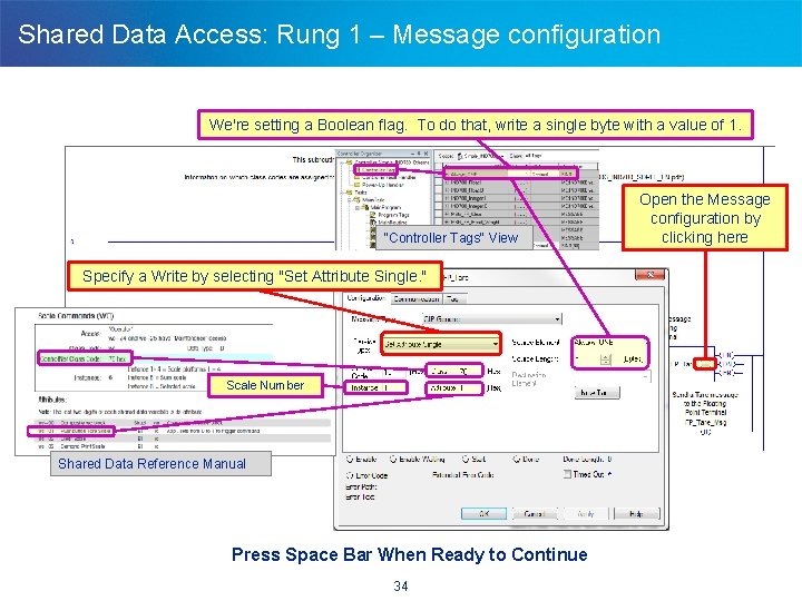 Shared Data Access: Rung 1 – Message configuration We're setting a Boolean flag. To