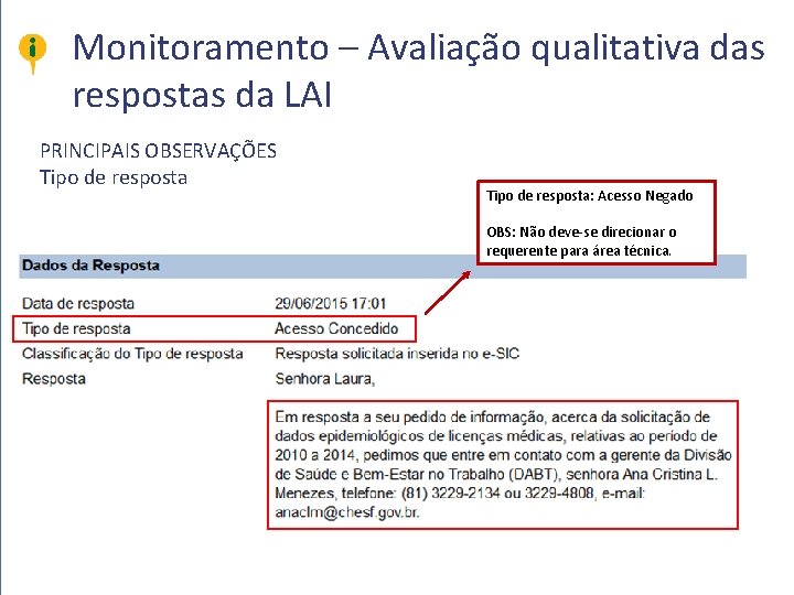 Monitoramento – Avaliação qualitativa das respostas da LAI PRINCIPAIS OBSERVAÇÕES Tipo de resposta: Acesso