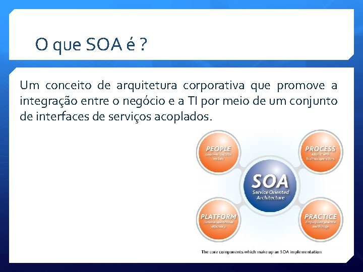 O que SOA é ? Um conceito de arquitetura corporativa que promove a integração