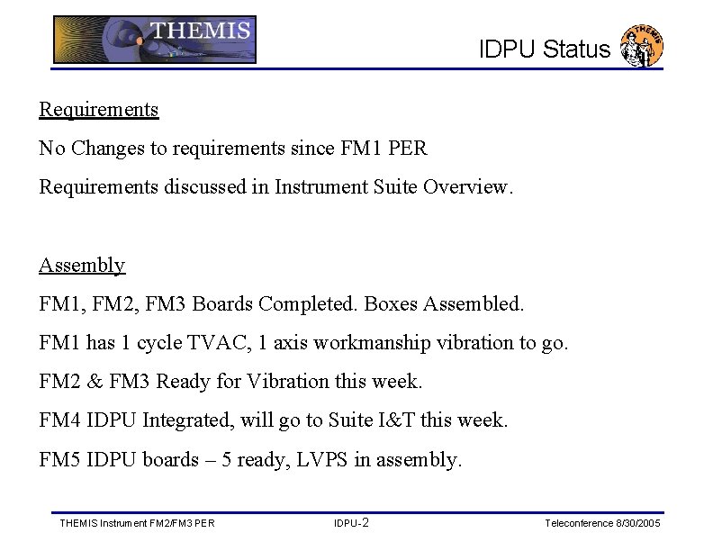 IDPU Status Requirements No Changes to requirements since FM 1 PER Requirements discussed in