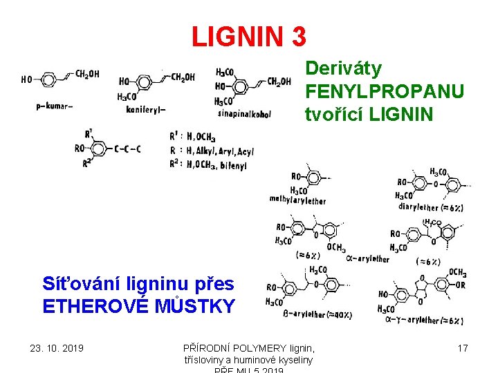 LIGNIN 3 Deriváty FENYLPROPANU tvořící LIGNIN Síťování ligninu přes ETHEROVÉ MŮSTKY 23. 10. 2019