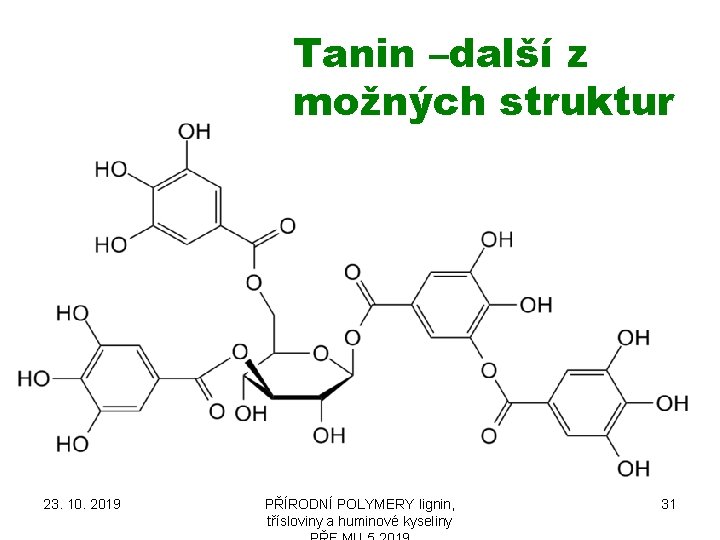 Tanin –další z možných struktur 23. 10. 2019 PŘÍRODNÍ POLYMERY lignin, třísloviny a huminové