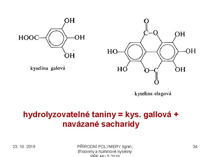 hydrolyzovatelné taniny = kys. gallová + navázané sacharidy 23. 10. 2019 PŘÍRODNÍ POLYMERY lignin,