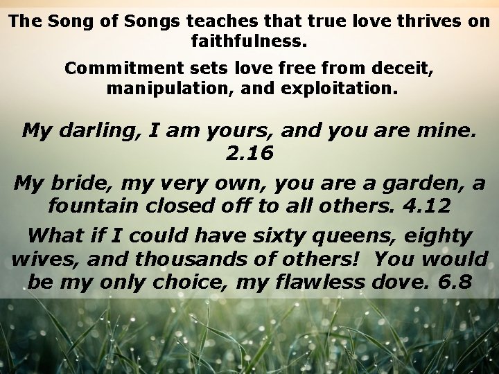 The Song of Songs teaches that true love thrives on faithfulness. Commitment sets love