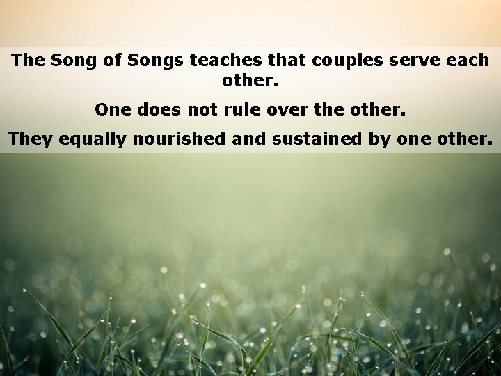 The Song of Songs teaches that couples serve each other. One does not rule
