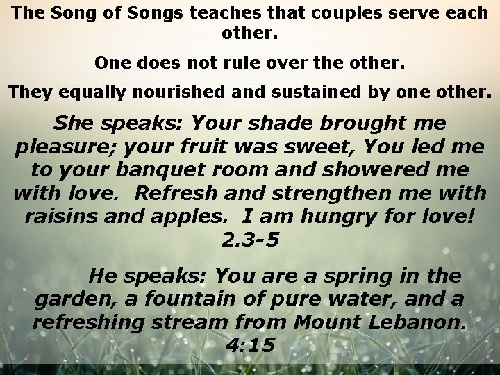 The Song of Songs teaches that couples serve each other. One does not rule