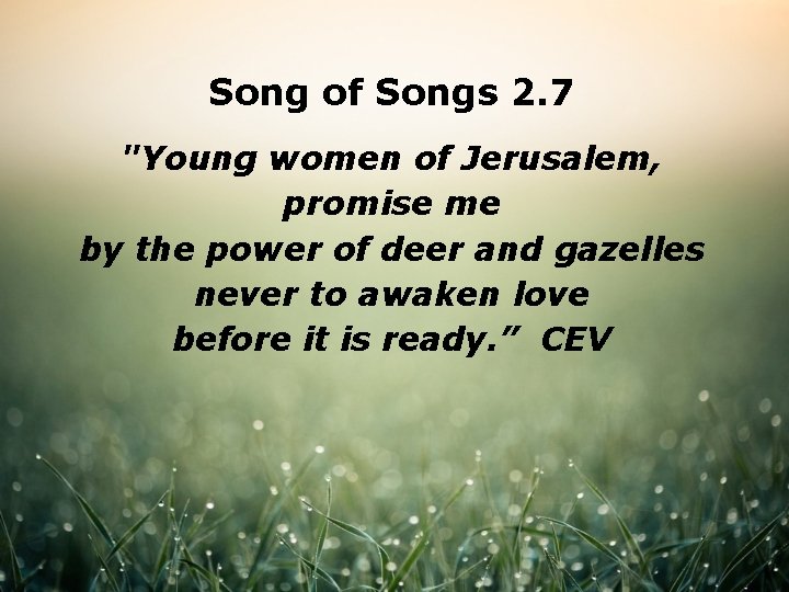 Song of Songs 2. 7 "Young women of Jerusalem, promise me by the power