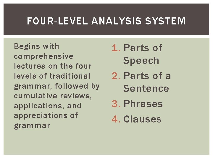 FOUR-LEVEL ANALYSIS SYSTEM Begins with comprehensive lectures on the four levels of traditional grammar,